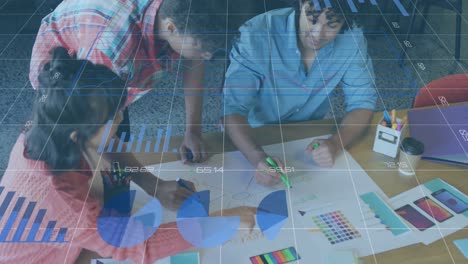 animation of financial data processing over diverse business people having meeting at office