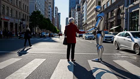 robot assisting elderly woman across the street