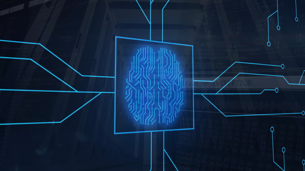 animación del procesamiento de datos digitales a través de una placa de circuitos de computadora y un cerebro artificial