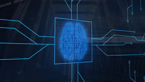 animation of digital data processing over computer circuit board and ai brain