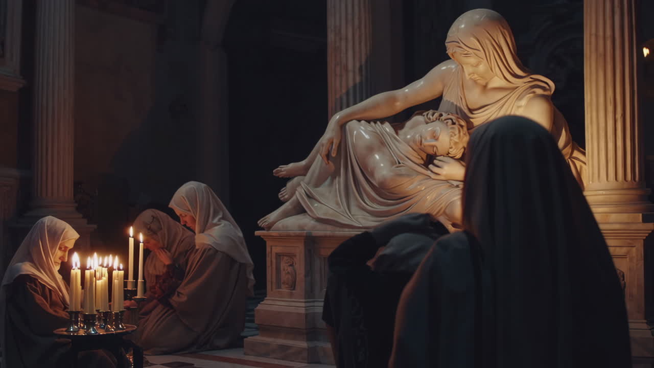 Nuns in Prayer Before a Religious Statue