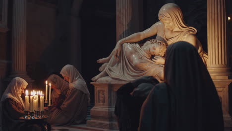 nuns in prayer before a religious statue