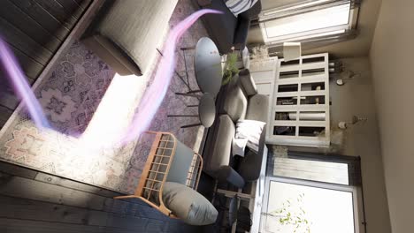 vertical motion graphics illustration of light energy swirling through elegant living room and interior design