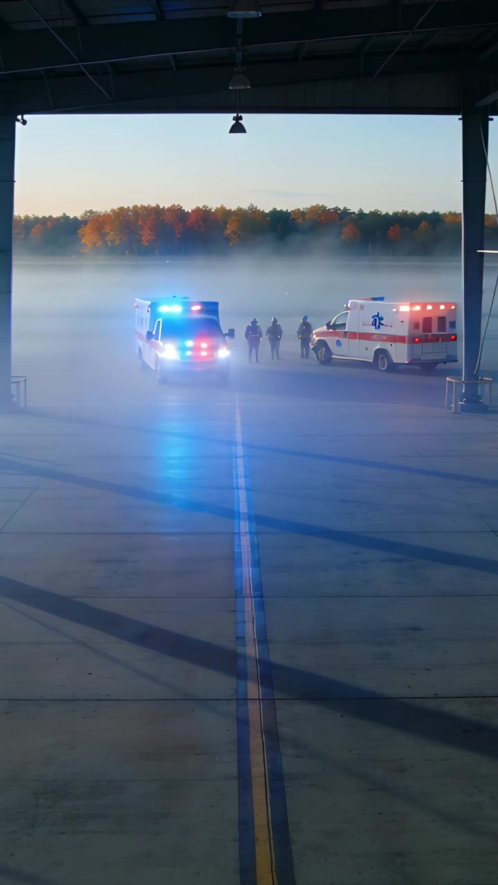 Dikey video: Işıklar yanıp sönerken, hangarda bir çağrı için 2 ambulanstan çıkan yüksek görünürlüklü yelek giyen acil tıp teknisyenleri.