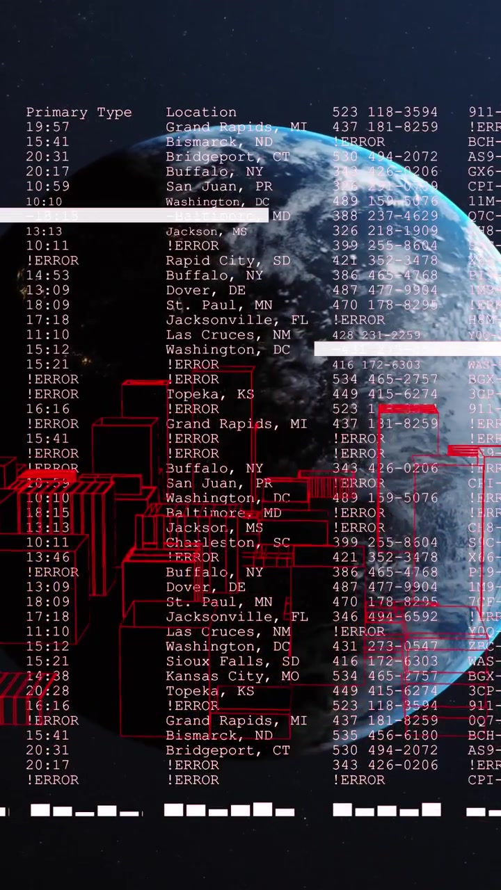 Animation of data processing and digital city over globe on black background