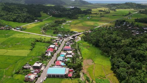 rural town surrounded by green fields in bato in the province of catanduanes, philippines. aerial drone shot