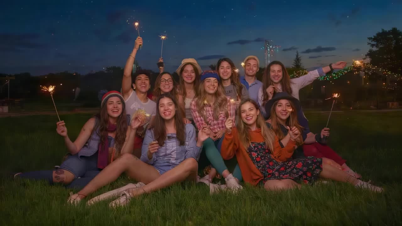 Amici che posano tenendo in mano delle stelle filanti accese per un ritratto di gruppo su un prato al crepuscolo, in denim, cappello di paglia