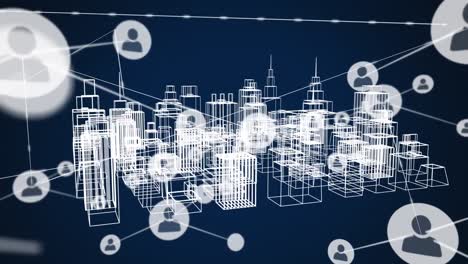 Animation-of-network-of-connections-over-metaverse-cityscape-on-navy-background