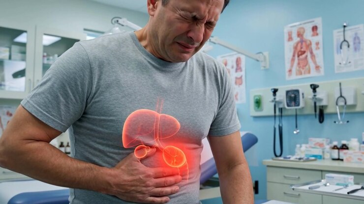 Man in a bright doctor's examination room holding his painful gallbladder area, the gallbladder glowing red-orange at its anatomical position
