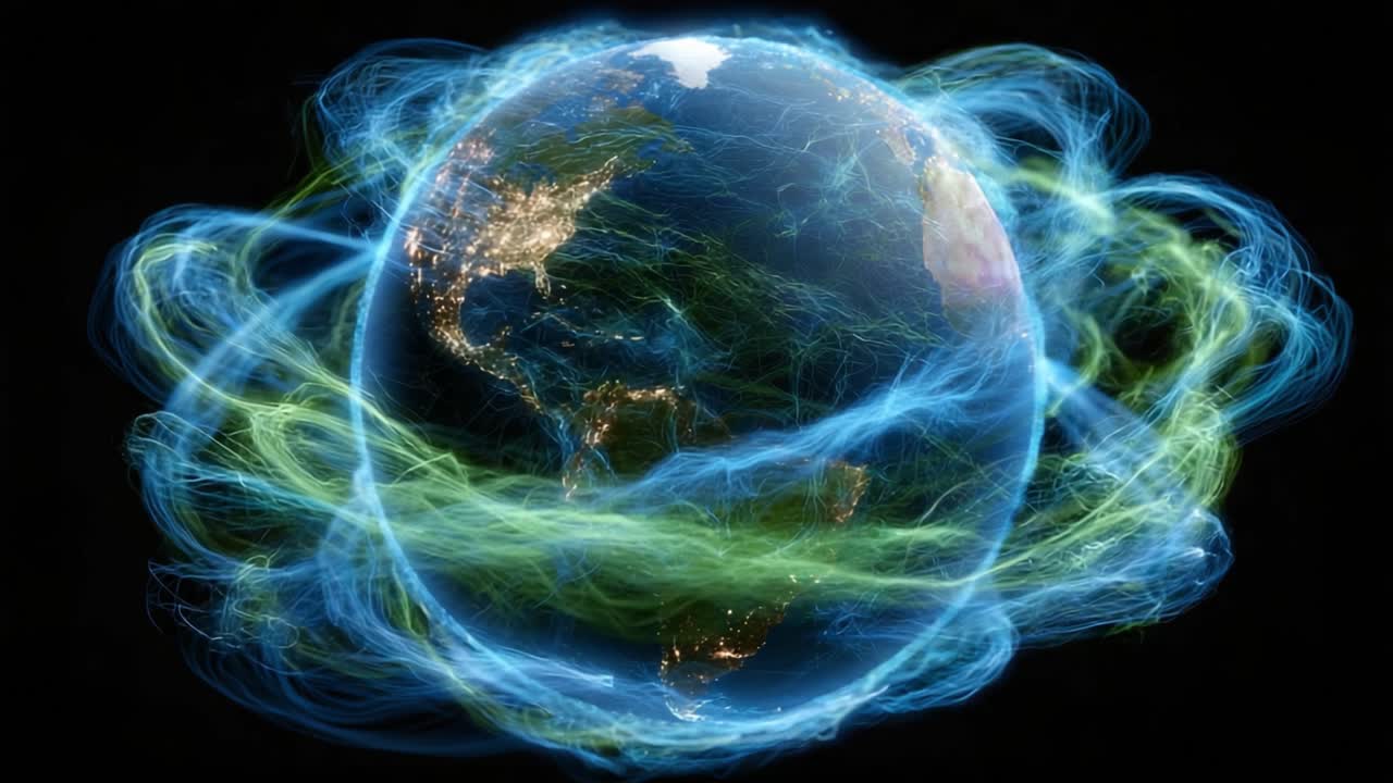 Una splendida visualizzazione della Terra circondata da un flusso di energia dinamico che rappresenta i modelli atmosferici e le forze naturali in movimento.