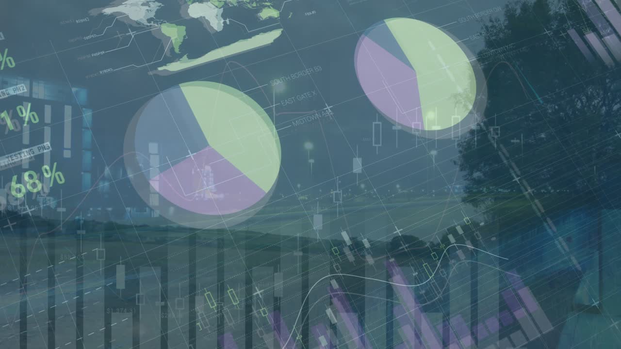 Animation of graphs and financial data over timelapse with road traffic