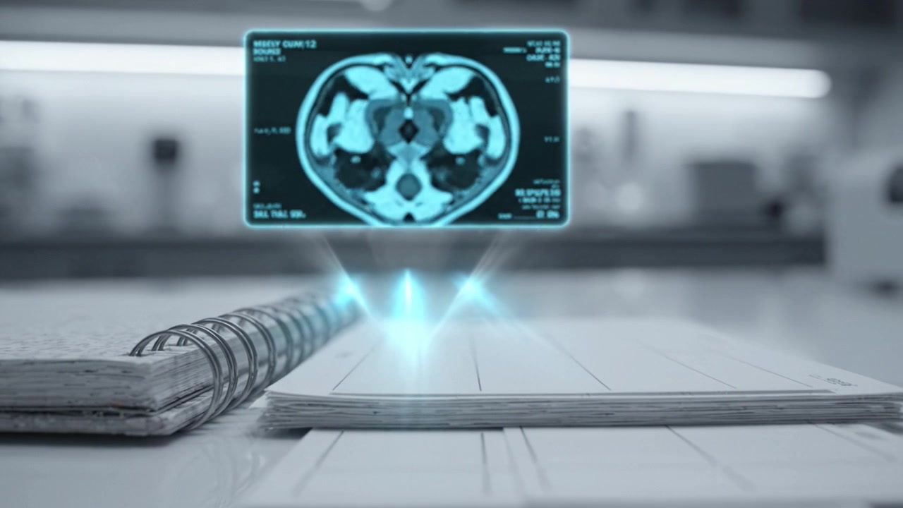 Un processo di esame medico che mostra appunti e un display di imaging MRI in un ambiente di laboratorio clinico, evidenziando tecniche e attrezzature diagnostiche.