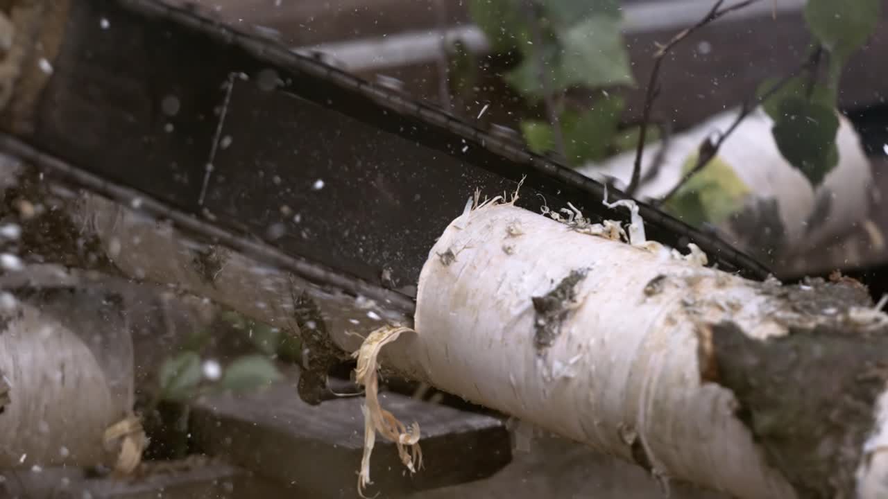 나무 는 사람은 에 있는 전기 체인 로 나무를 는다. 은 자유 낙하, 절단, 화재 휴식 및 연료 수확과 같은 활동에 사용된다. 슈퍼 슬로 모션 1000 fps로 촬영된다.