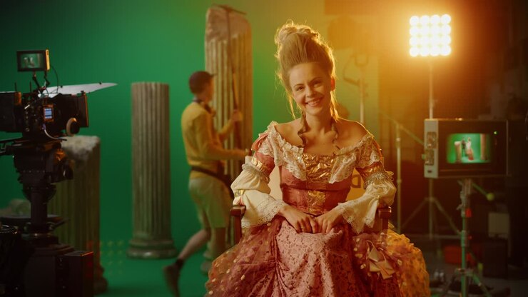 Smiling Actress Wearing Renaissance Dress, Sitting on a Chair Looking at the Camera. Green Screen in the Background. Studio Shooting History Blockbuster. On Film Studio Period Costume Drama Film Set
