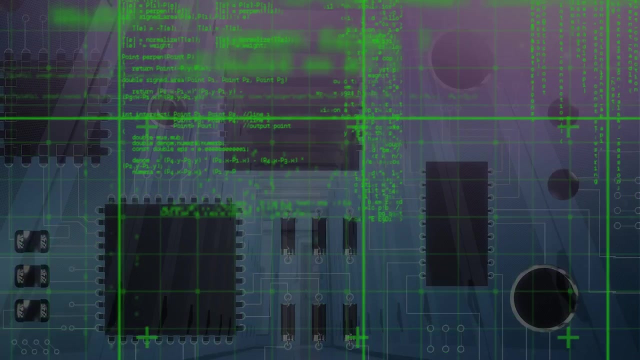 Animation of data processing over computer circuit board and server room