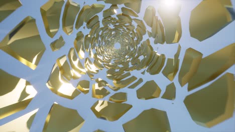 futuristic tunnel made gold pieces blue sky and sun 4k
