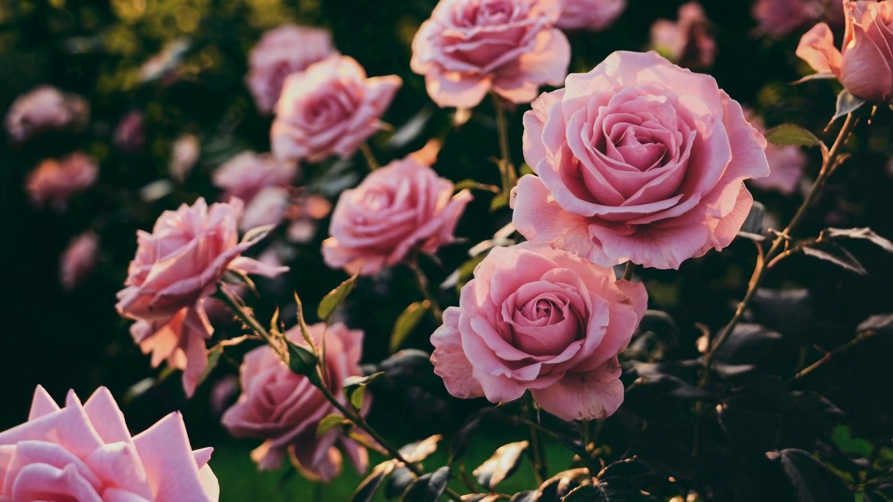 Beautiful Pink Roses Blooming in a Garden at Sunset