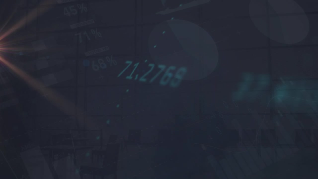 Animation of data processing and light trails on black background