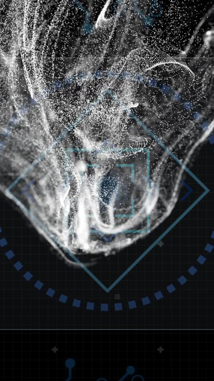 Abstract swirling particles and digital circuits animation over dark background