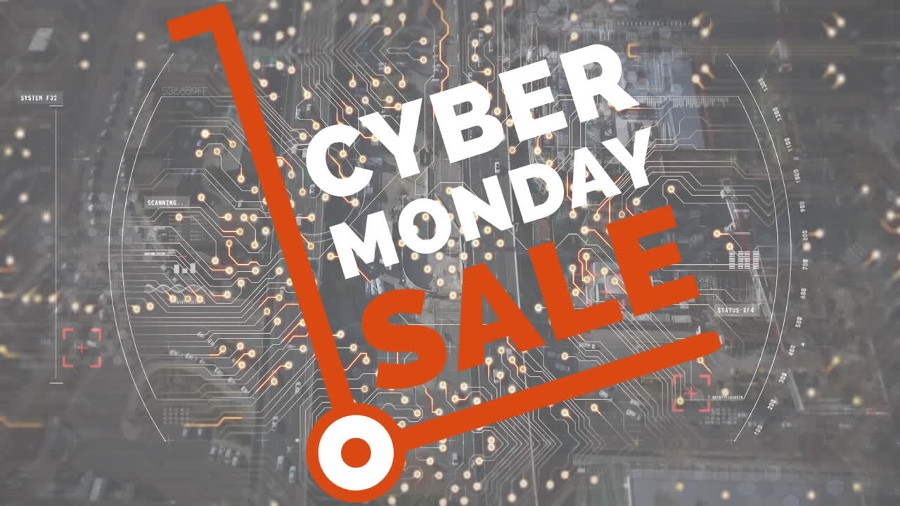 Animation of data processing over cyber monday sale text