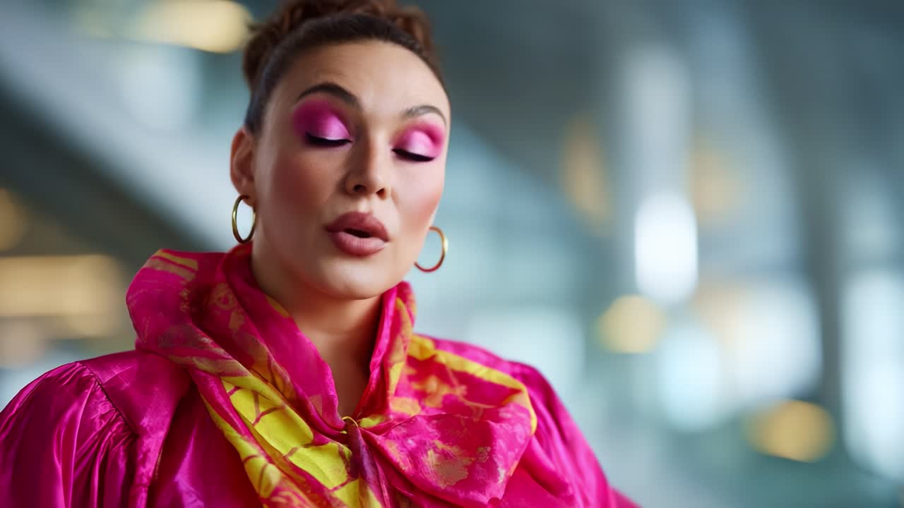 A confident individual showcases vibrant fashion in a colorful outfit, highlighting bold makeup and an expressive demeanor in a modern, professional setting