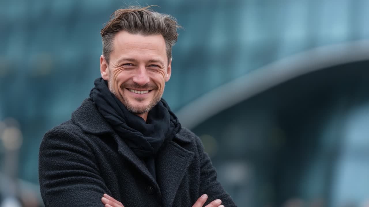 A Confident Man Smiling Outdoors in a Stylish Coat, Radiating Joyful Energy Against a Modern Architectural Background