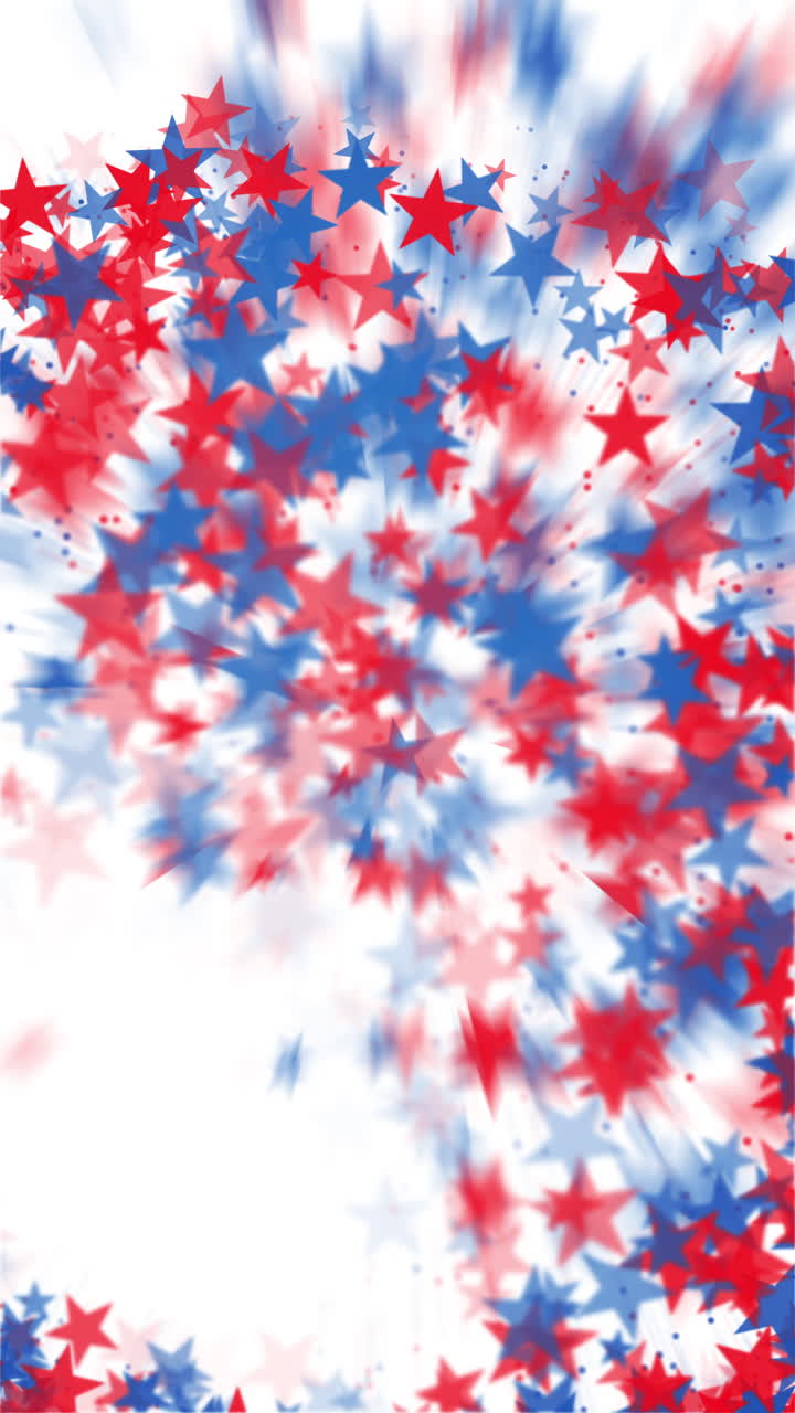American Independence Day red and blue stars on white background. USA flag colors cool fourth of july wallpaper. Flying stars confetti american symbols. Vertical video.