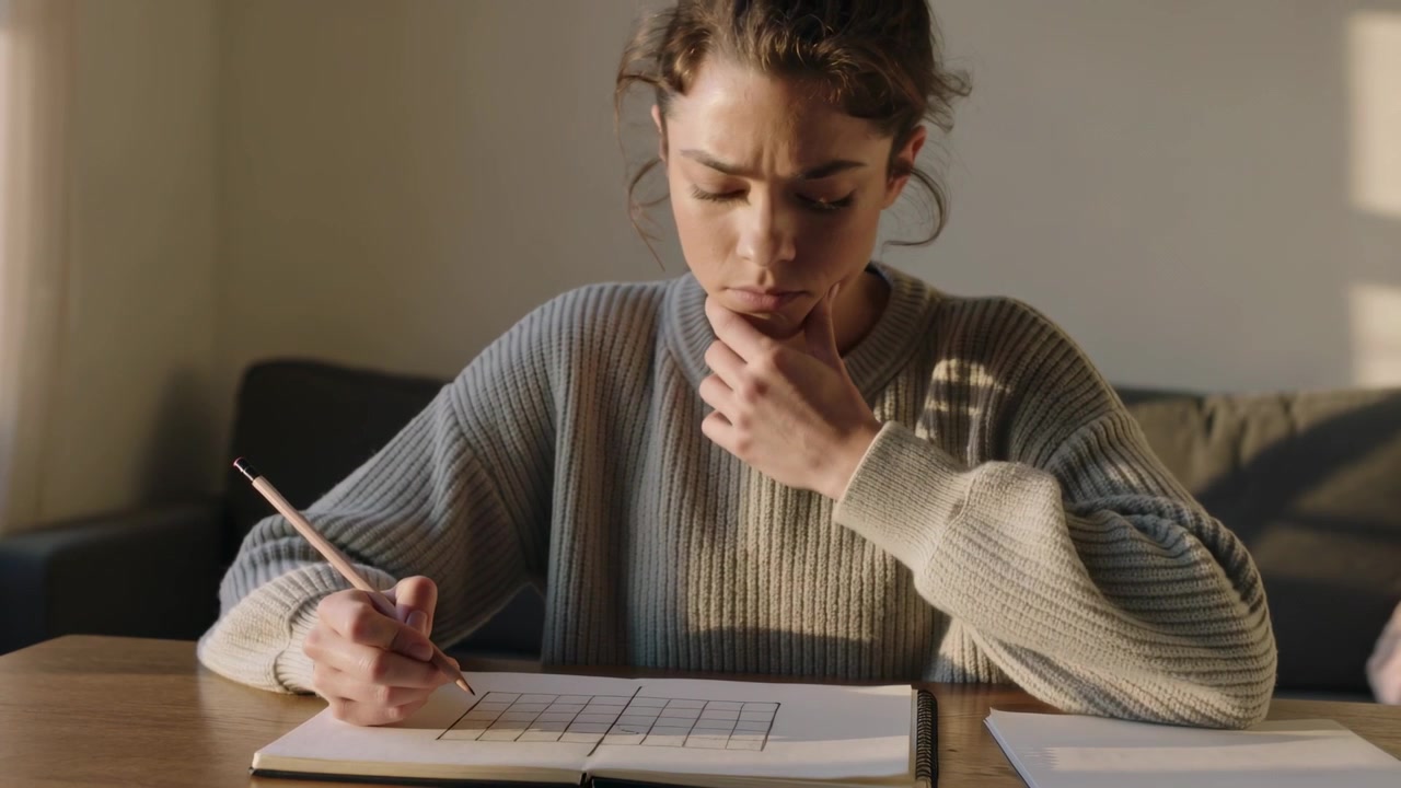 Donna in maglione che apre un quaderno e disegna una griglia con la matita a casa, facendo una pausa mentre pianifica il layout.