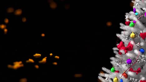 Animation-of-christmas-tree-over-golden-glitter-on-black-background
