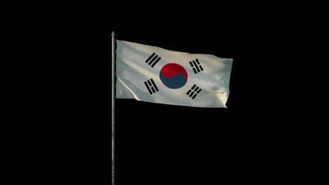 bandera de corea del sur en el asta de la bandera ondeando en el viento, animación 3d realista en bucle negro sin costuras, de 20 segundos de duración (el canal alfa está incluido)