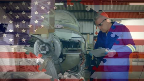 animation of american flag waving over man in the background