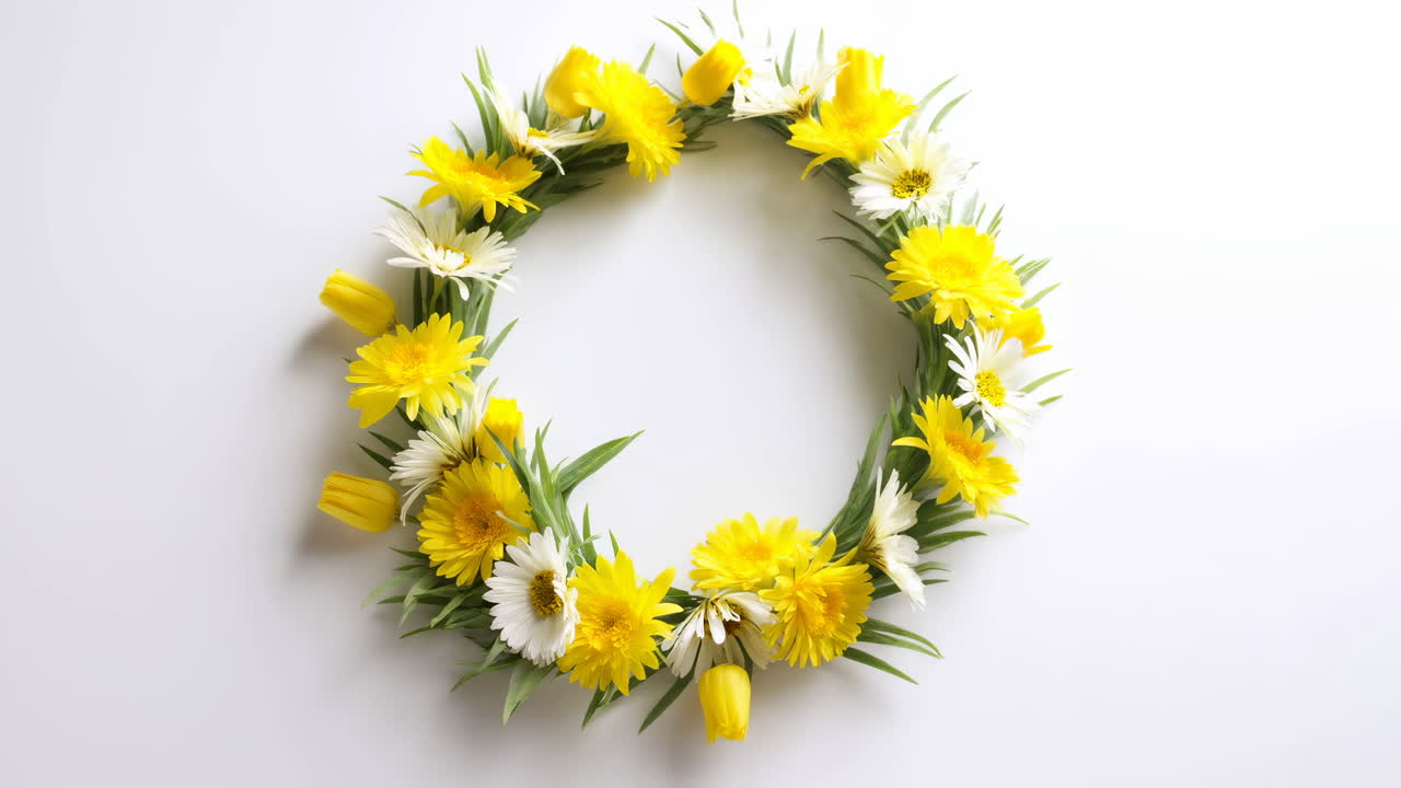 Gelbe und weiße Frühlingsblumen, die einen W-Kranz bilden