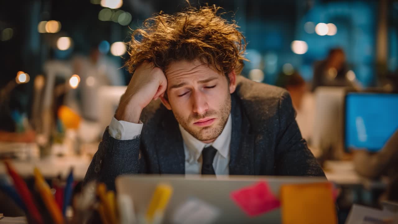 A Frustrated Employee Struggles with Work in a Busy Office Environment, Capturing the Challenges of Modern Professional Life and Workplace Stress