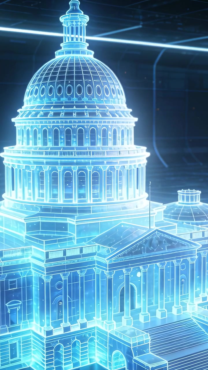 Video verticale: Telecamera rotante che rivela un Campidoglio in wireframe su un palco buio, con il modello che si illumina per la dimostrazione.