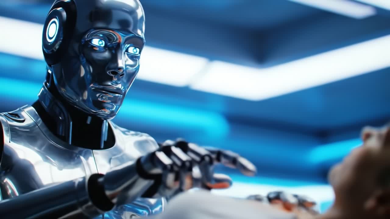 In a high-tech laboratory, a humanoid robot gently reaches out towards a human subject lying on a table. The atmosphere is dramatic with glowing blue lights.