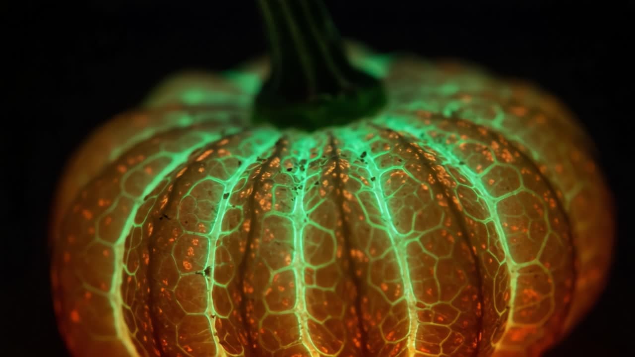 Glowing Pumpkin: A Mesmerizing Display of Light and Color in a Halloween-Inspired Decoration Showcasing Intricate Patterns in Autumn's Favorite Gourd