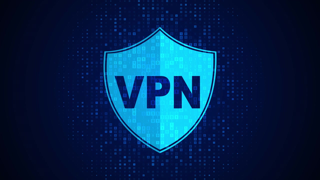 デジタルバイナリコード背景のVPNシールドアイコン