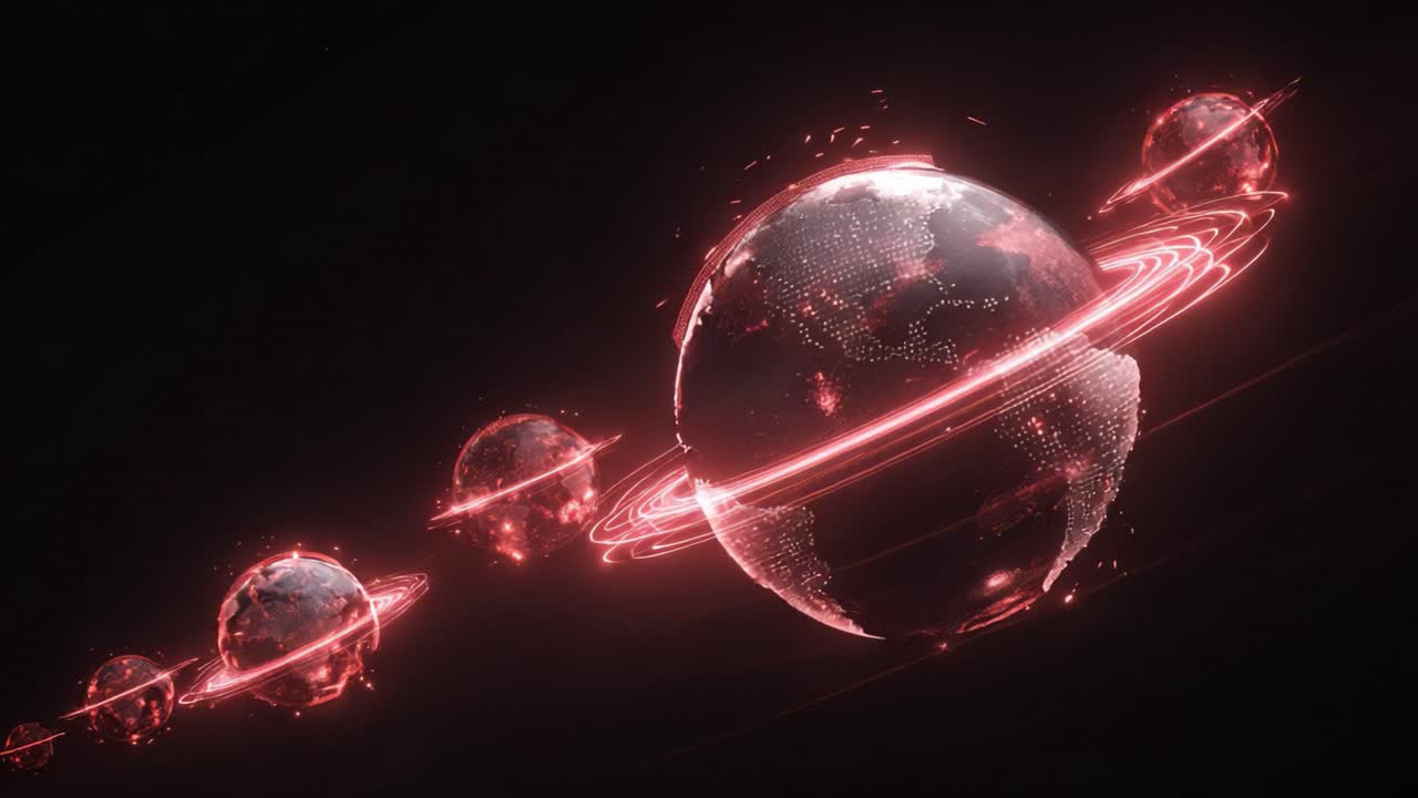 Digital Earth globes rotating with glowing red neon lights representing a worldwide data network connection. Futuristic technology concept showing global communication and information exchange