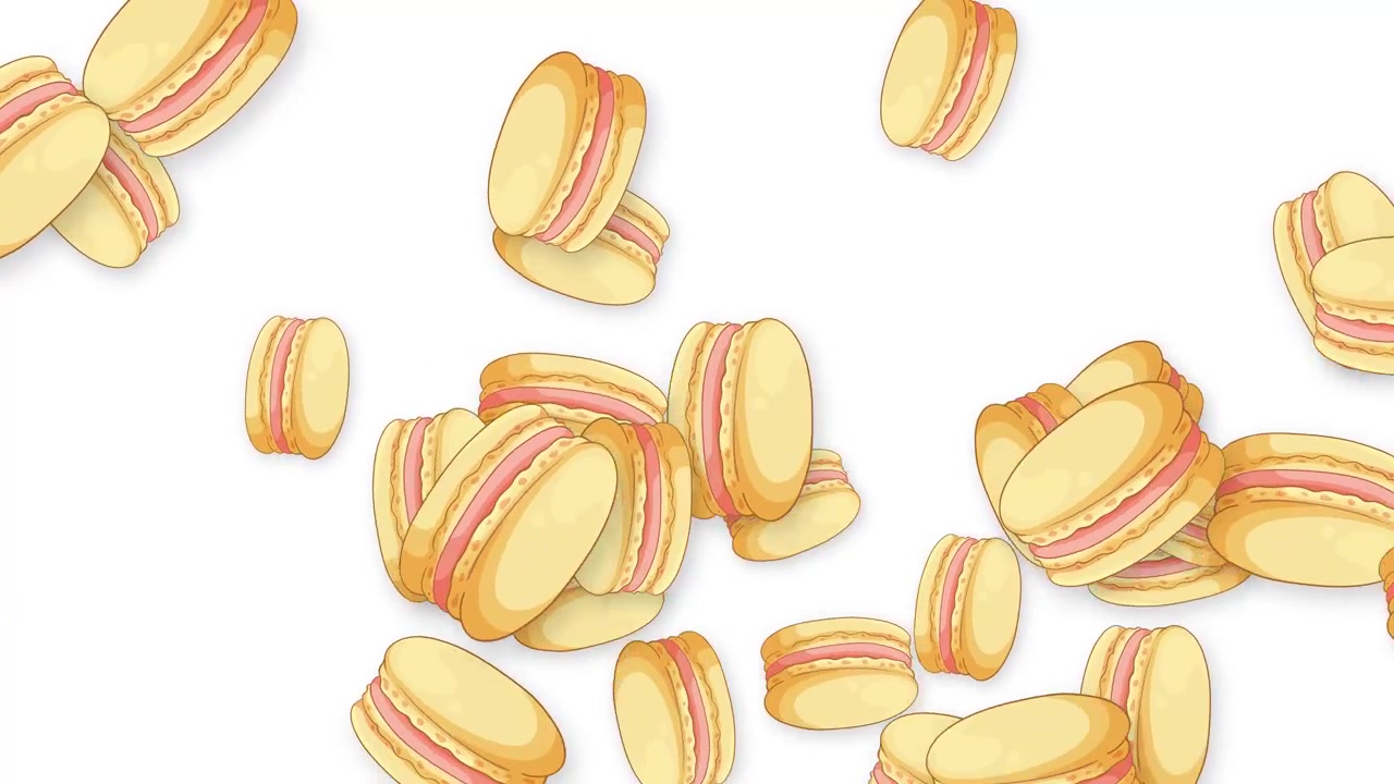 Colorful illustrated macarons fall and bounce across a white background in a playful animation.