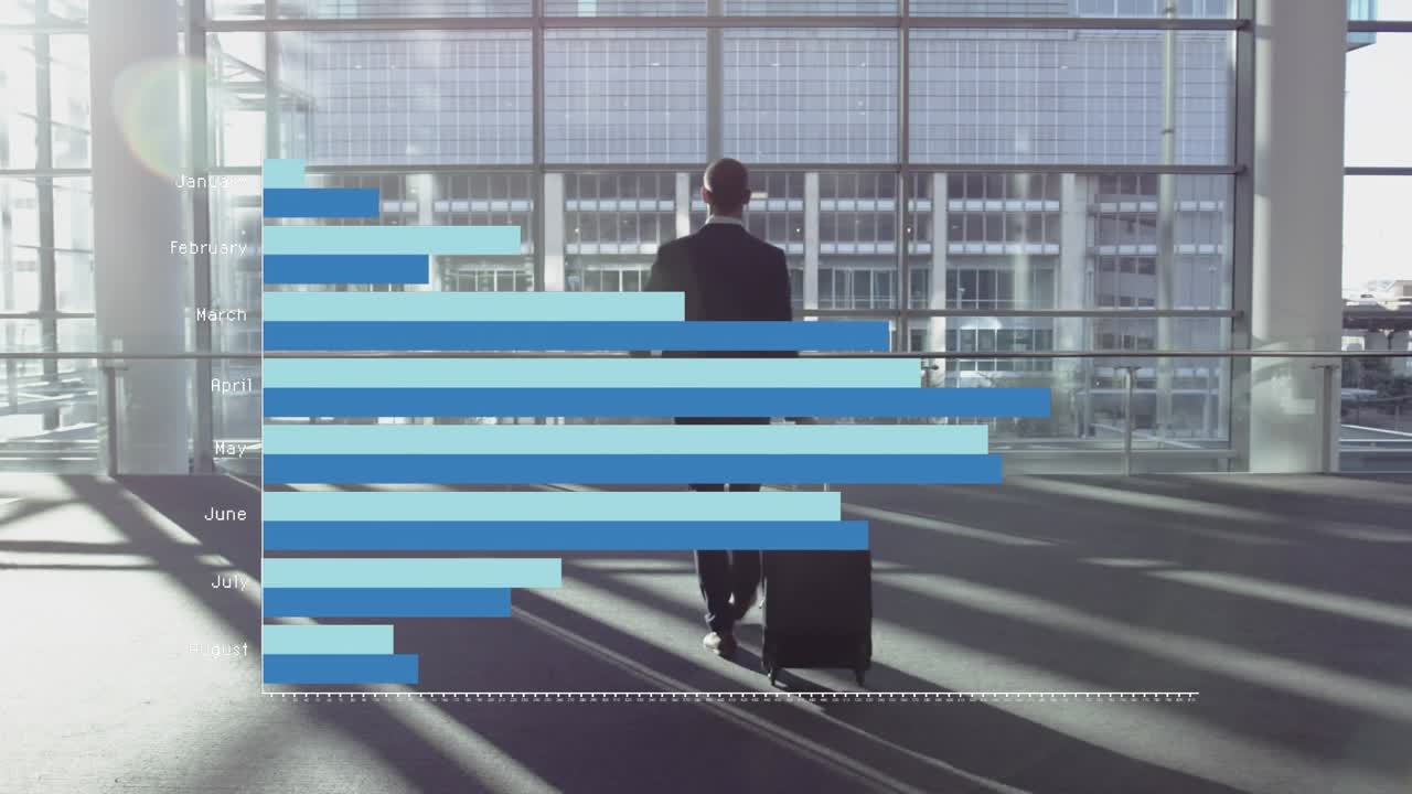 Animation of graphs over back view of caucasian businessman with luggage