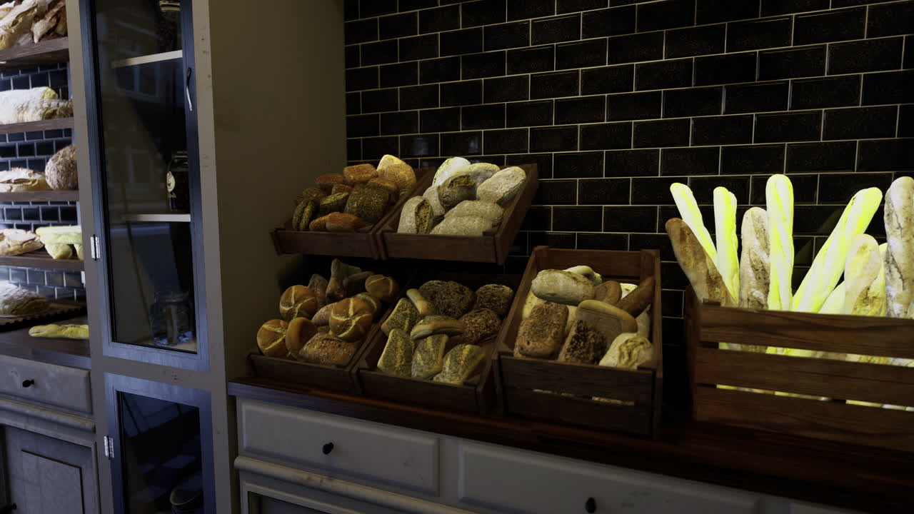 Freshly baked bread displayed in a bakery with wooden racks and black tiles