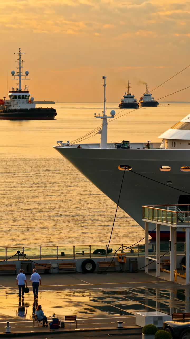 Sunset at a Busy Harbor with Various Ships and People on the Dock