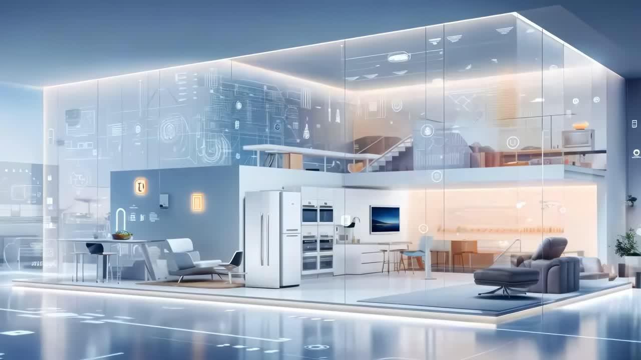 Futuristic smart home interior with digital overlays, captured from a wide-angle perspective