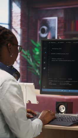 Vertical video Woman works with AI deep neural networks on PC at home