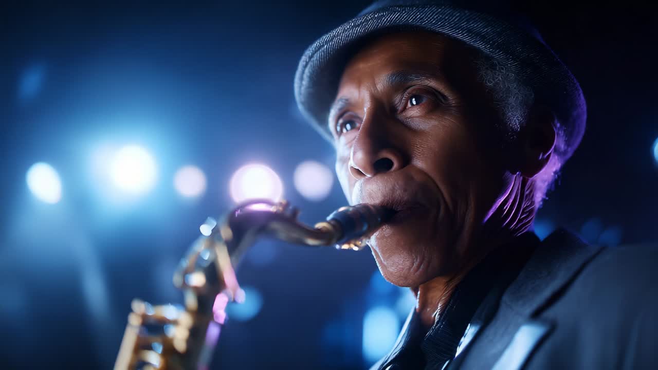 A Passionate Saxophonist Performs Under Stage Lights, Capturing the Essence of Jazz Music and Emotion Through His Powerful Solo, Enriching the Atmosphere with Deep Melodies and Rhythmic Vibes