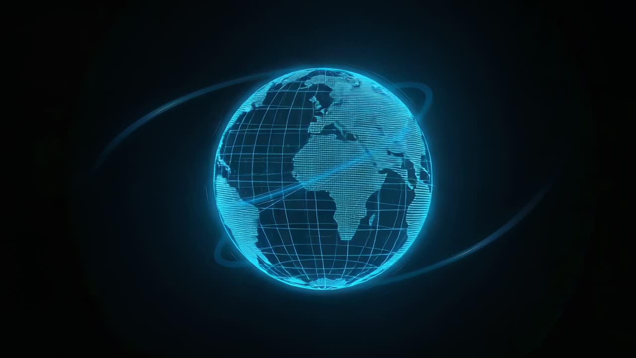 Fremkommende hologramklode, der viser trådnet og scanningslinjer i et sort tomrum med pulserende ringe.