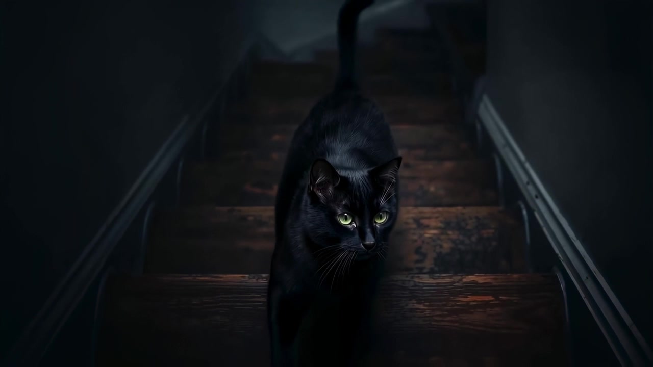 降下を開始、黒猫が狭い木の階段を下りてカメラに近づいてくる、目は反射している。