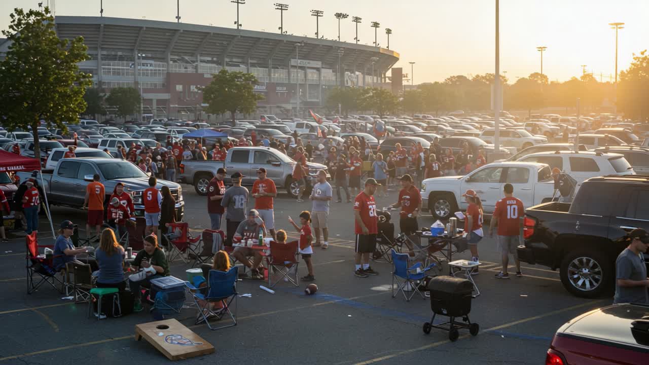Vibrant Atmosphere of a Tailgate Party with Enthusiastic Fans Gathered in a Parking Lot, Celebrating and Preparing for an Exciting Game Ahead Amidst Vehicles and Sunset