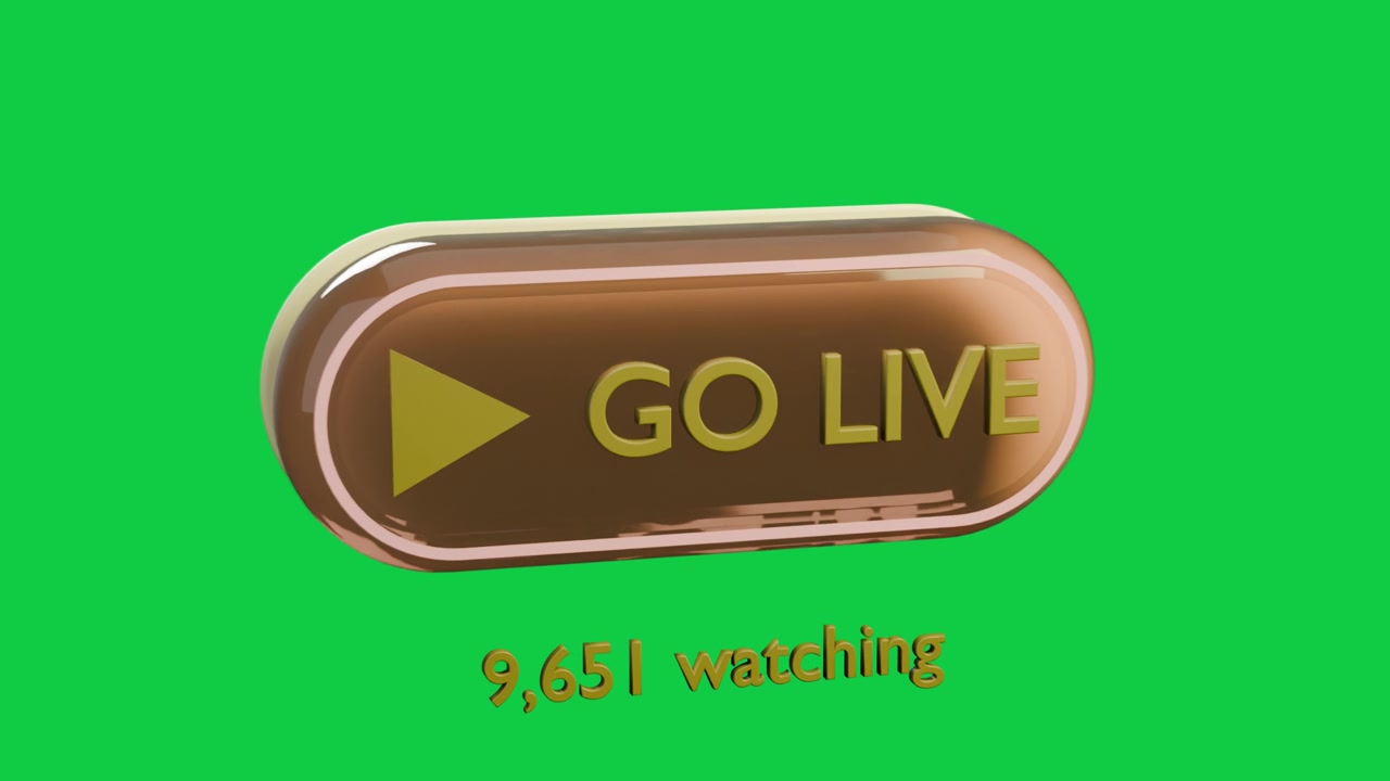 Pulsante 3D 'GO LIVE' che ruota, trasparente, con il cursore che clicca, lampeggiando, aumentando gli spettatori per andare in diretta.