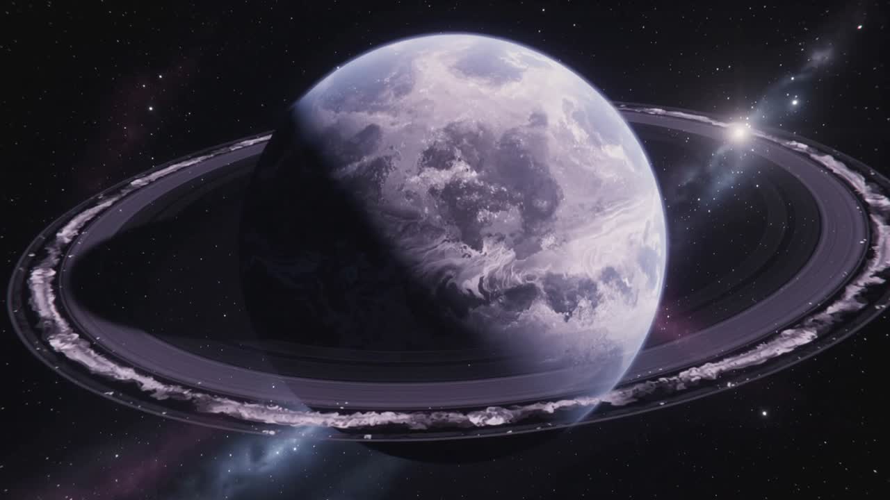 Revealing ringed planet rotating after light shift in space, dusty rings, bright star, nebula